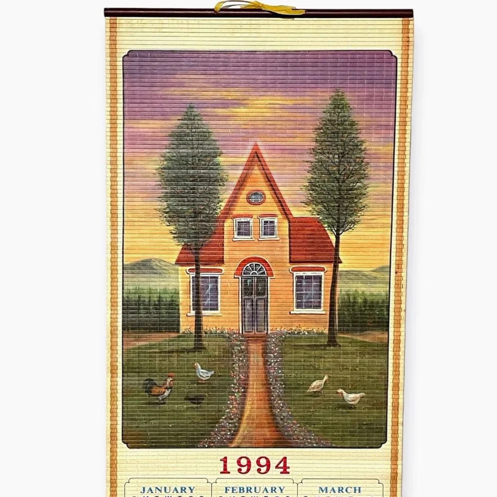 Vintage 1994 Bamboo Wall Calendar Roll Up Primitive Americana Country Folk Art
